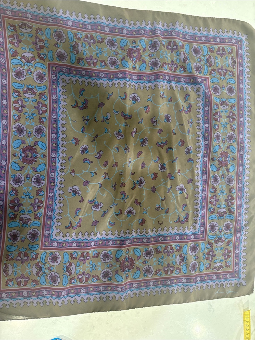 Women’s Floral Square Scarf in dark gray, purple, blue 26 by 26